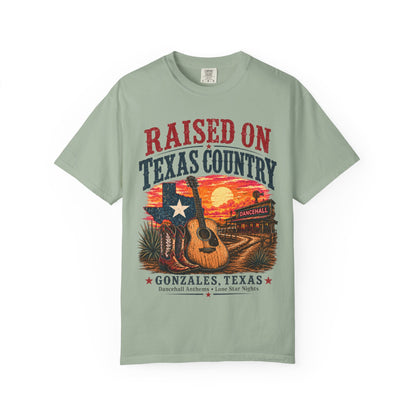 Raised on Texas Country T-Shirt — Gonzales TX Vintage Guitar Sunset Tee