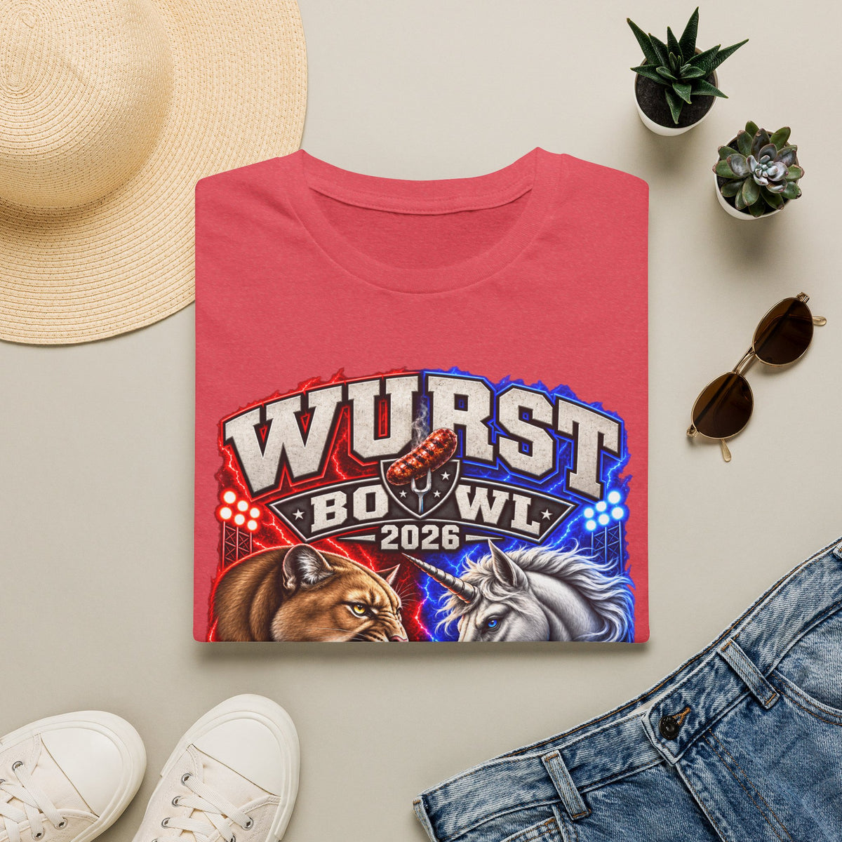 Wurst Bowl 2026 T‑Shirt — Rivalry Game Day Tee (Sausage vs. Unicorn)