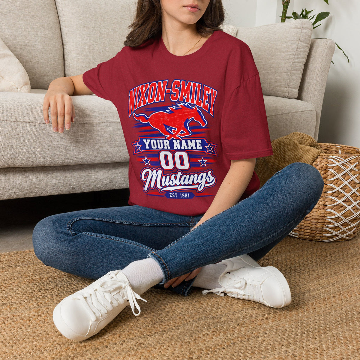 Customizable Mustang Team T-Shirt — 'Nixon-SMiley' Personalized Jersey Tee