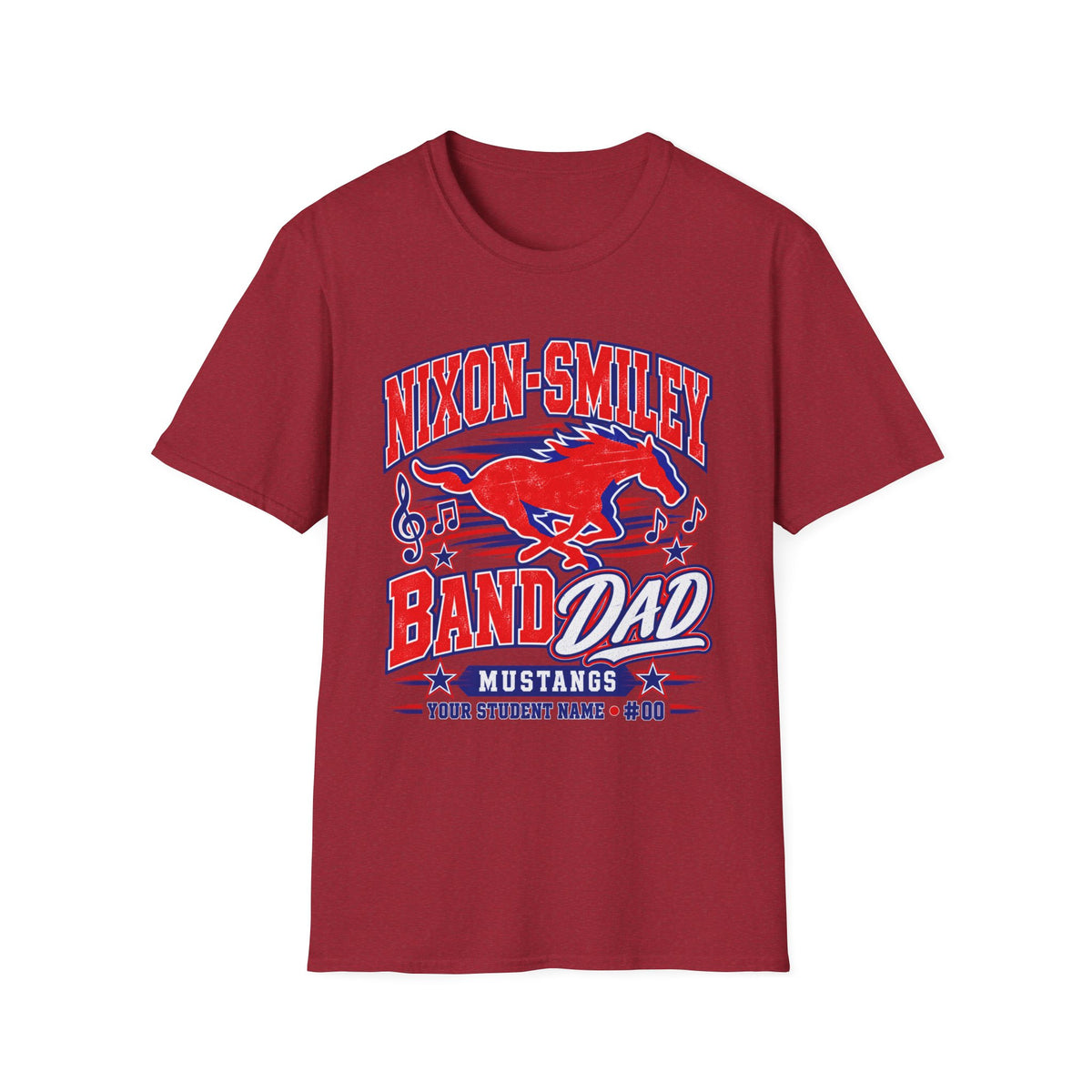 Nixon-Smiley Mustangs Band T-Shirt — Vintage Red Mustang Music Design