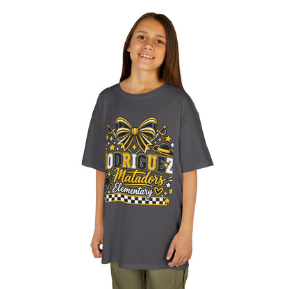 Rodriguez Matadors Elementary Kids T‑Shirt — School Spirit Bow & Mascot Tee