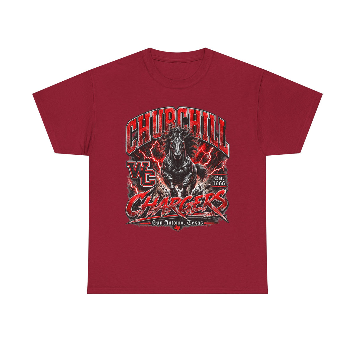 Churchill Chargers Mascot T‑Shirt — Vintage Black Stallion School Team Tee
