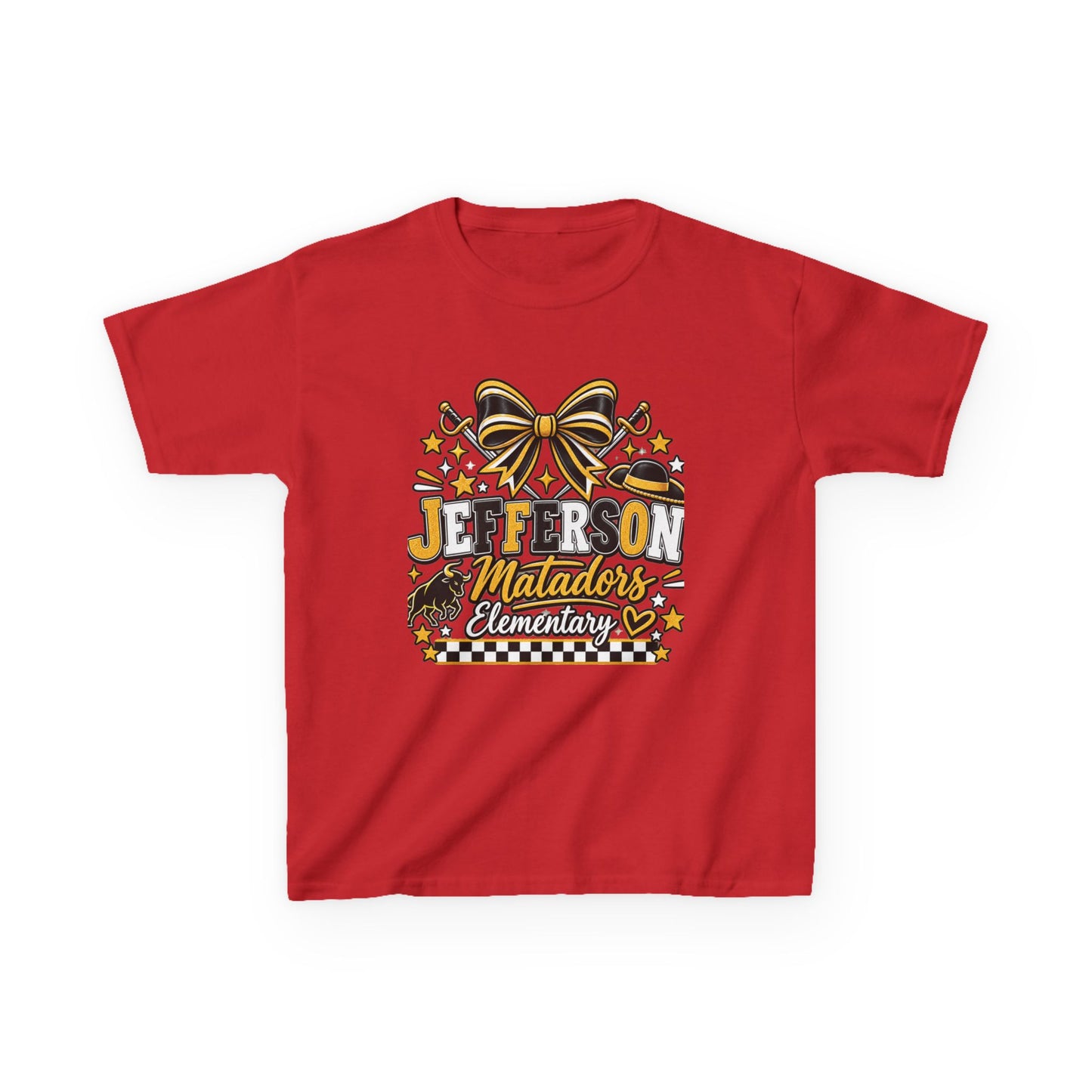 Jefferson Matadors Elementary Kids T-Shirt — School Spirit Bow & Mascot Tee