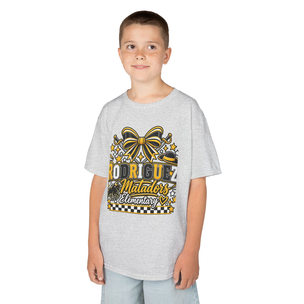 Rodriguez Matadors Elementary Kids T‑Shirt — School Spirit Bow & Mascot Tee