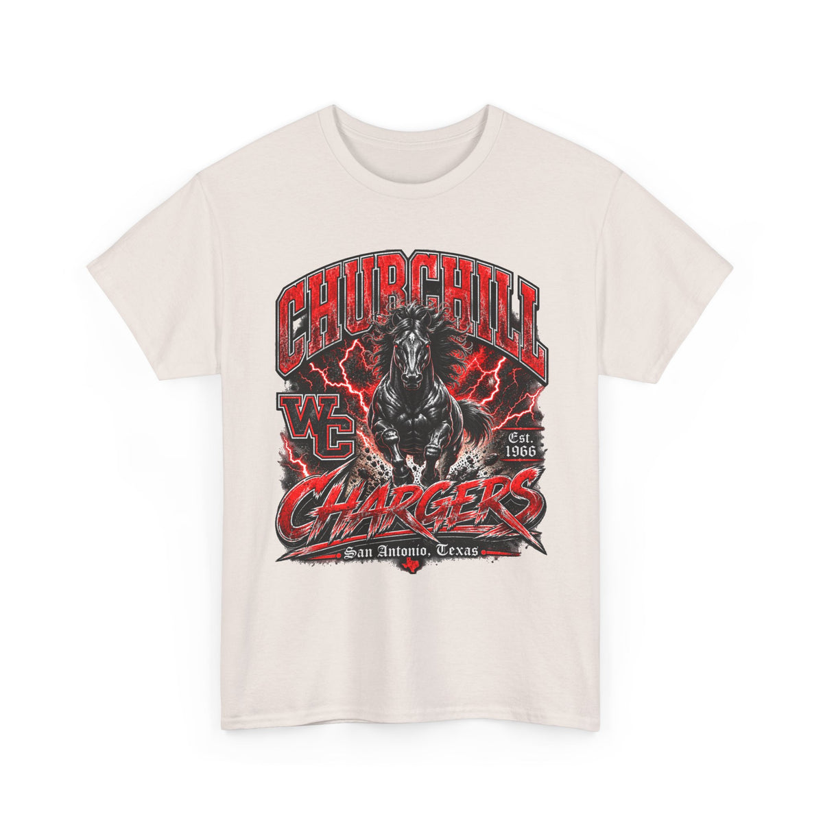 Churchill Chargers Mascot T‑Shirt — Vintage Black Stallion School Team Tee