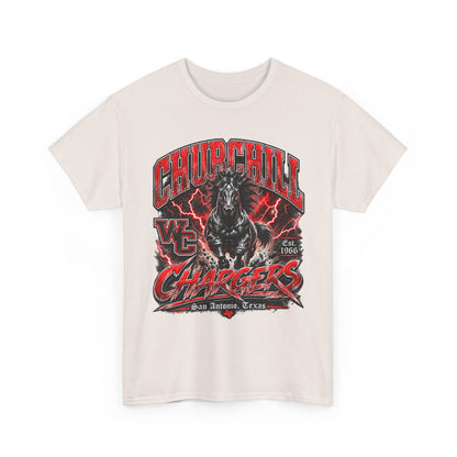 Churchill Chargers Mascot T‑Shirt — Vintage Black Stallion School Team Tee