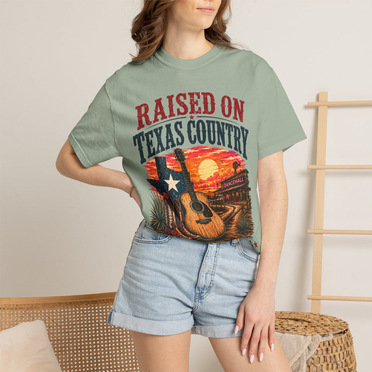 Raised on Texas Country T-Shirt — Gonzales TX Vintage Guitar Sunset Tee