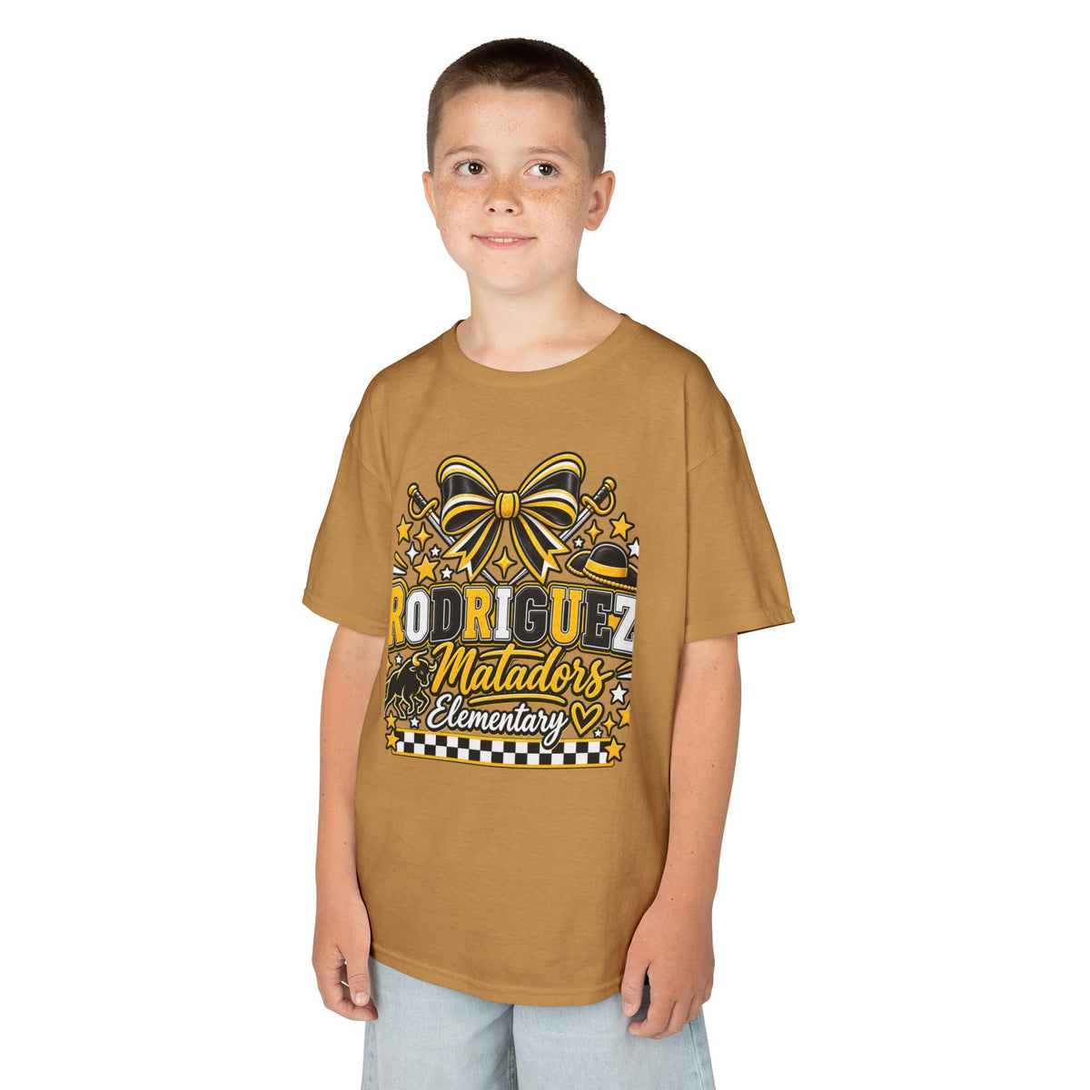 Rodriguez Matadors Elementary Kids T‑Shirt — School Spirit Bow & Mascot Tee