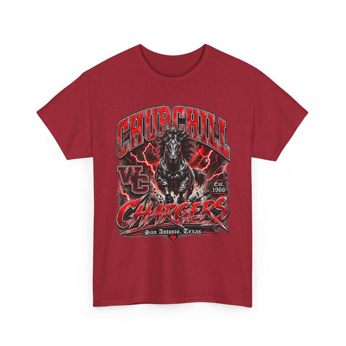 Churchill Chargers Mascot T‑Shirt — Vintage Black Stallion School Team Tee