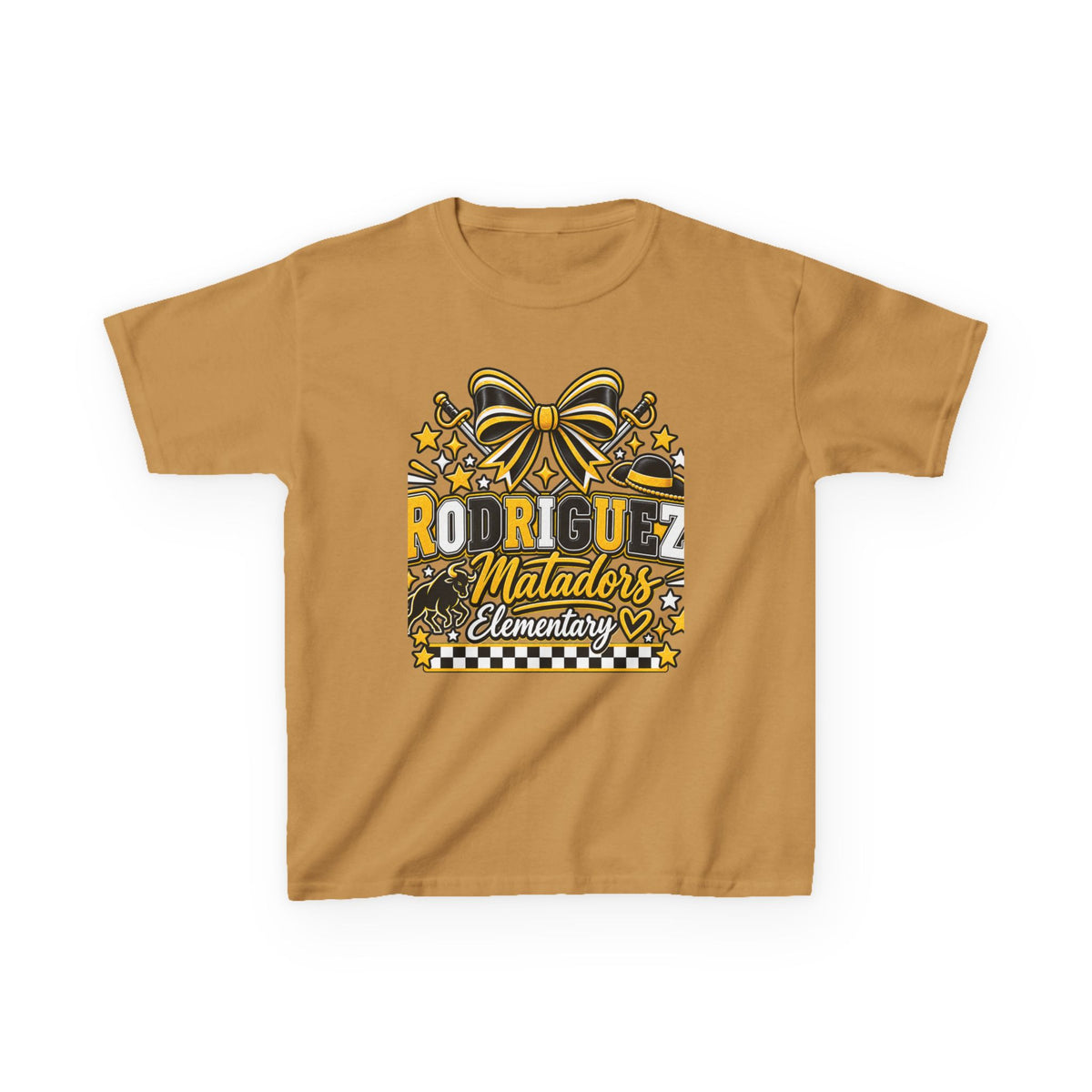 Rodriguez Matadors Elementary Kids T‑Shirt — School Spirit Bow & Mascot Tee