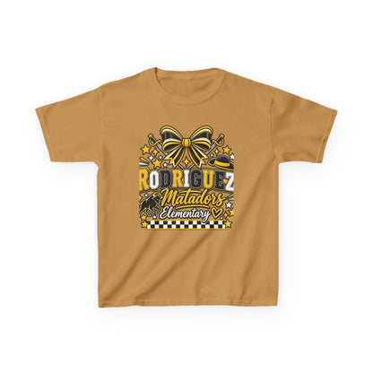 Rodriguez Matadors Elementary Kids T‑Shirt — School Spirit Bow & Mascot Tee