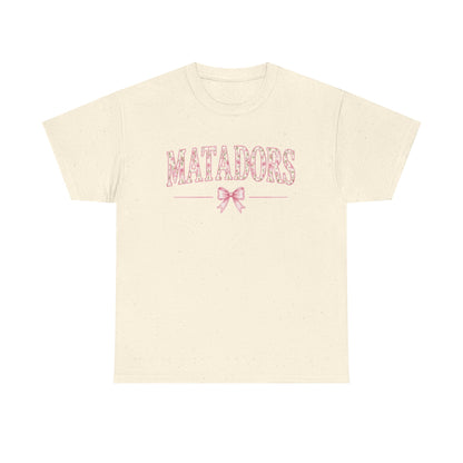 Matadors Pink Script Tee — Vintage Floral Team T‑Shirt with Bow