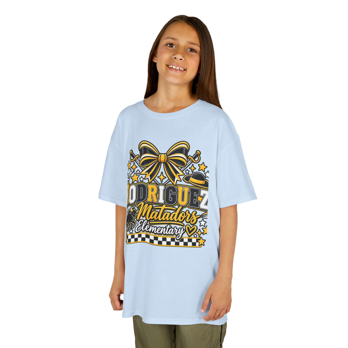 Rodriguez Matadors Elementary Kids T‑Shirt — School Spirit Bow & Mascot Tee