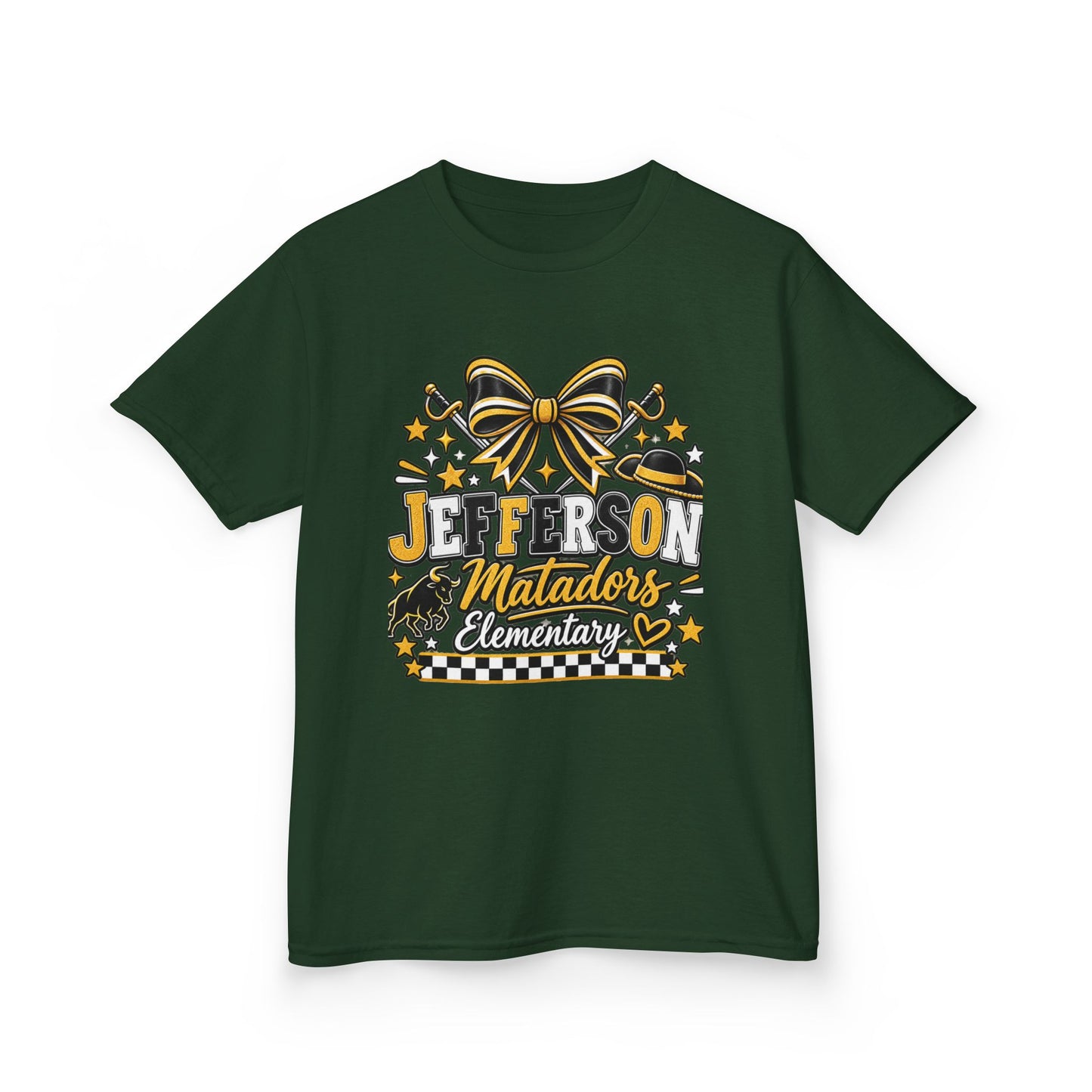 Jefferson Matadors Elementary Kids T-Shirt — School Spirit Bow & Mascot Tee