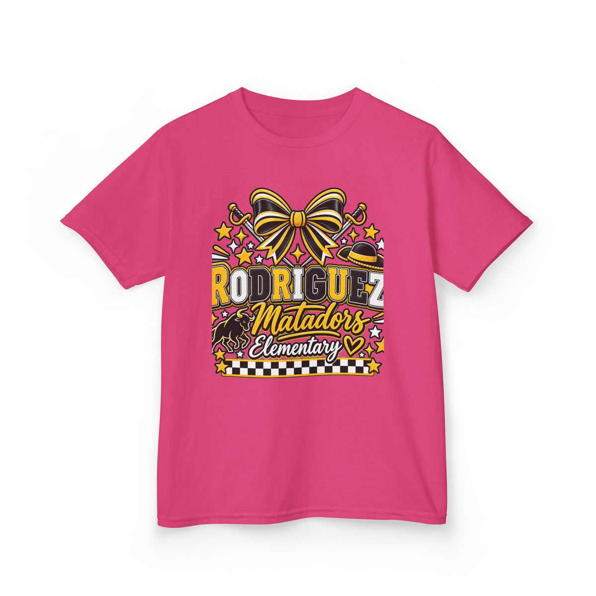 Rodriguez Matadors Elementary Kids T‑Shirt — School Spirit Bow & Mascot Tee