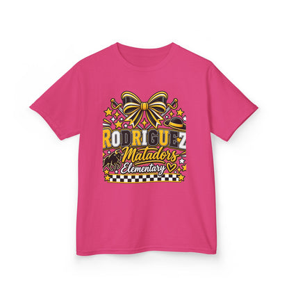 Rodriguez Matadors Elementary Kids T‑Shirt — School Spirit Bow & Mascot Tee