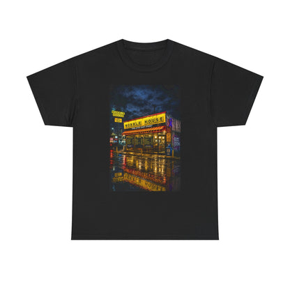 Diner Neon Night T-Shirt — Retro Rainy Cityscape Graphic Tee
