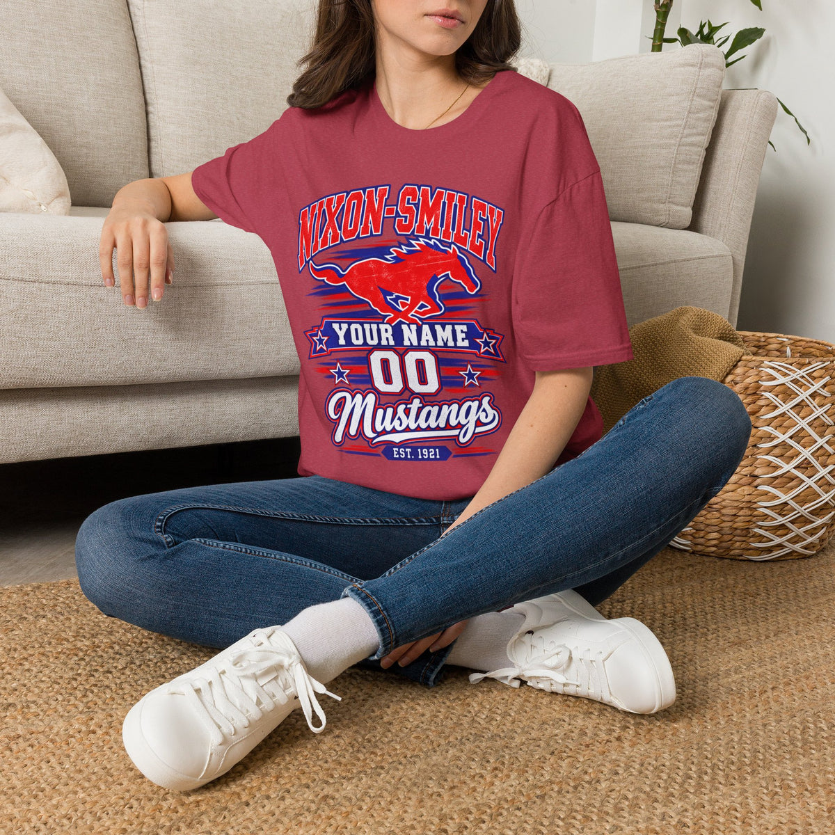 Customizable Mustang Team T-Shirt — 'Nixon-SMiley' Personalized Jersey Tee