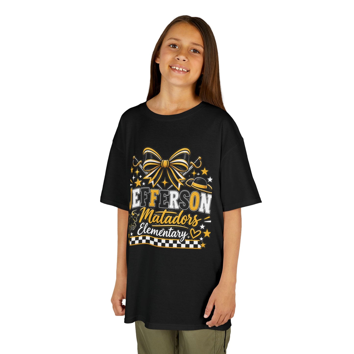 Jefferson Matadors Elementary Kids T-Shirt — School Spirit Bow & Mascot Tee