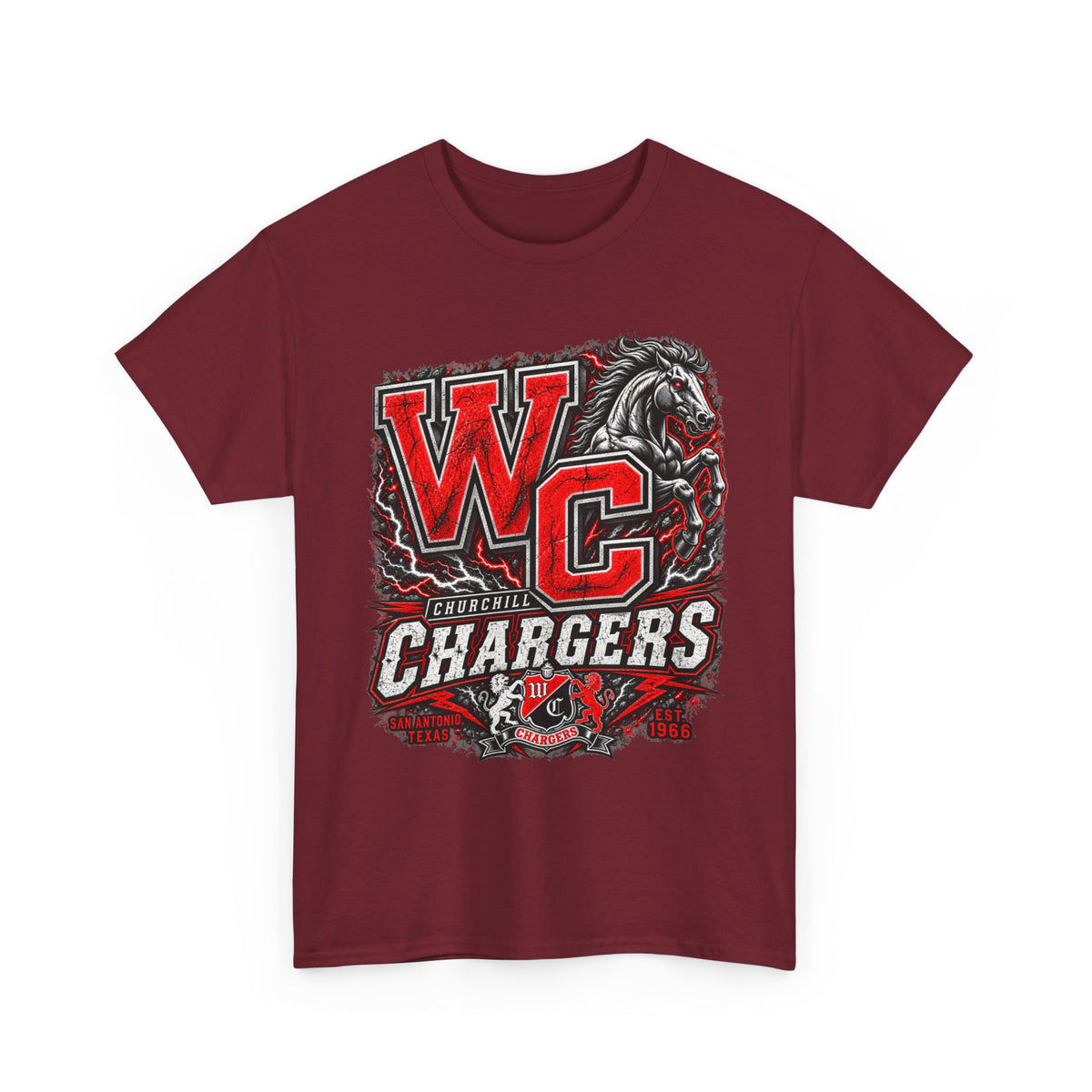 Chargers WC Mascot T-Shirt — Bold Red & Black School Spirit Tee