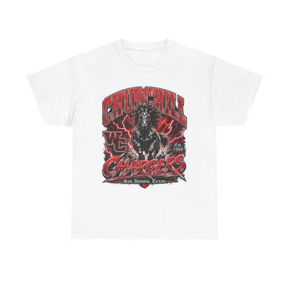 Churchill Chargers Mascot T‑Shirt — Vintage Black Stallion School Team Tee