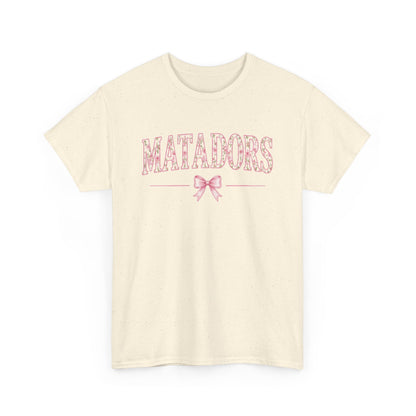 Matadors Pink Script Tee — Vintage Floral Team T‑Shirt with Bow