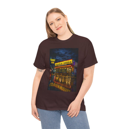 Diner Neon Night T-Shirt — Retro Rainy Cityscape Graphic Tee
