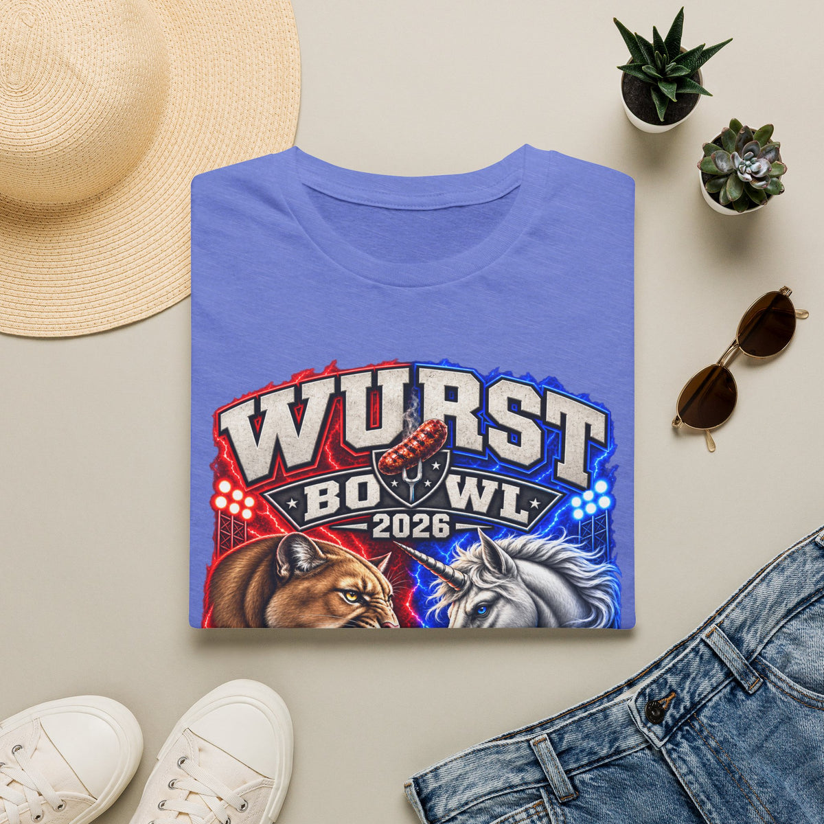 Wurst Bowl 2026 T‑Shirt — Rivalry Game Day Tee (Sausage vs. Unicorn)
