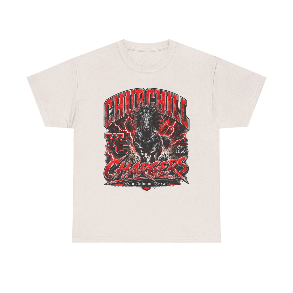 Churchill Chargers Mascot T‑Shirt — Vintage Black Stallion School Team Tee