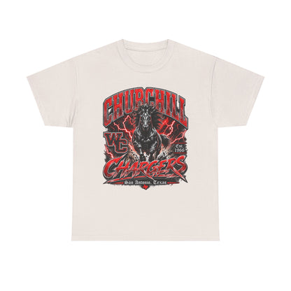 Churchill Chargers Mascot T‑Shirt — Vintage Black Stallion School Team Tee