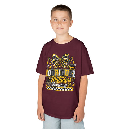 Rodriguez Matadors Elementary Kids T‑Shirt — School Spirit Bow & Mascot Tee