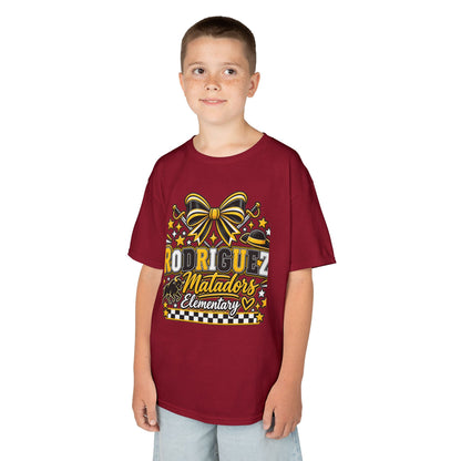 Rodriguez Matadors Elementary Kids T‑Shirt — School Spirit Bow & Mascot Tee