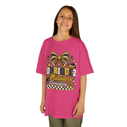 Rodriguez Matadors Elementary Kids T‑Shirt — School Spirit Bow & Mascot Tee