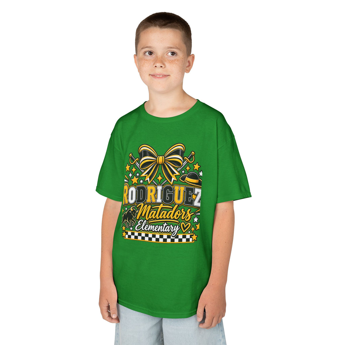 Rodriguez Matadors Elementary Kids T‑Shirt — School Spirit Bow & Mascot Tee