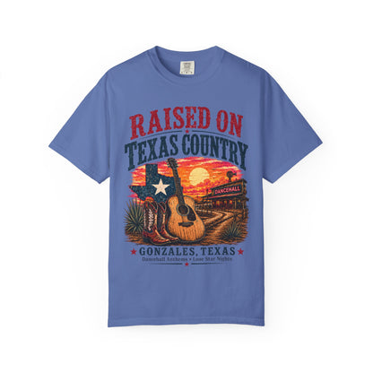 Raised on Texas Country T-Shirt — Gonzales TX Vintage Guitar Sunset Tee
