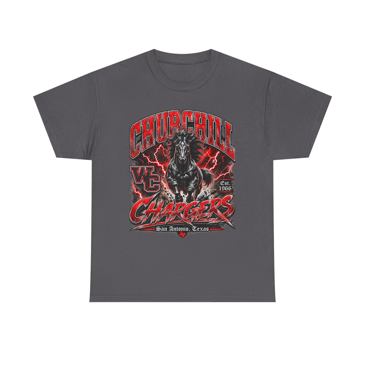 Churchill Chargers Mascot T‑Shirt — Vintage Black Stallion School Team Tee