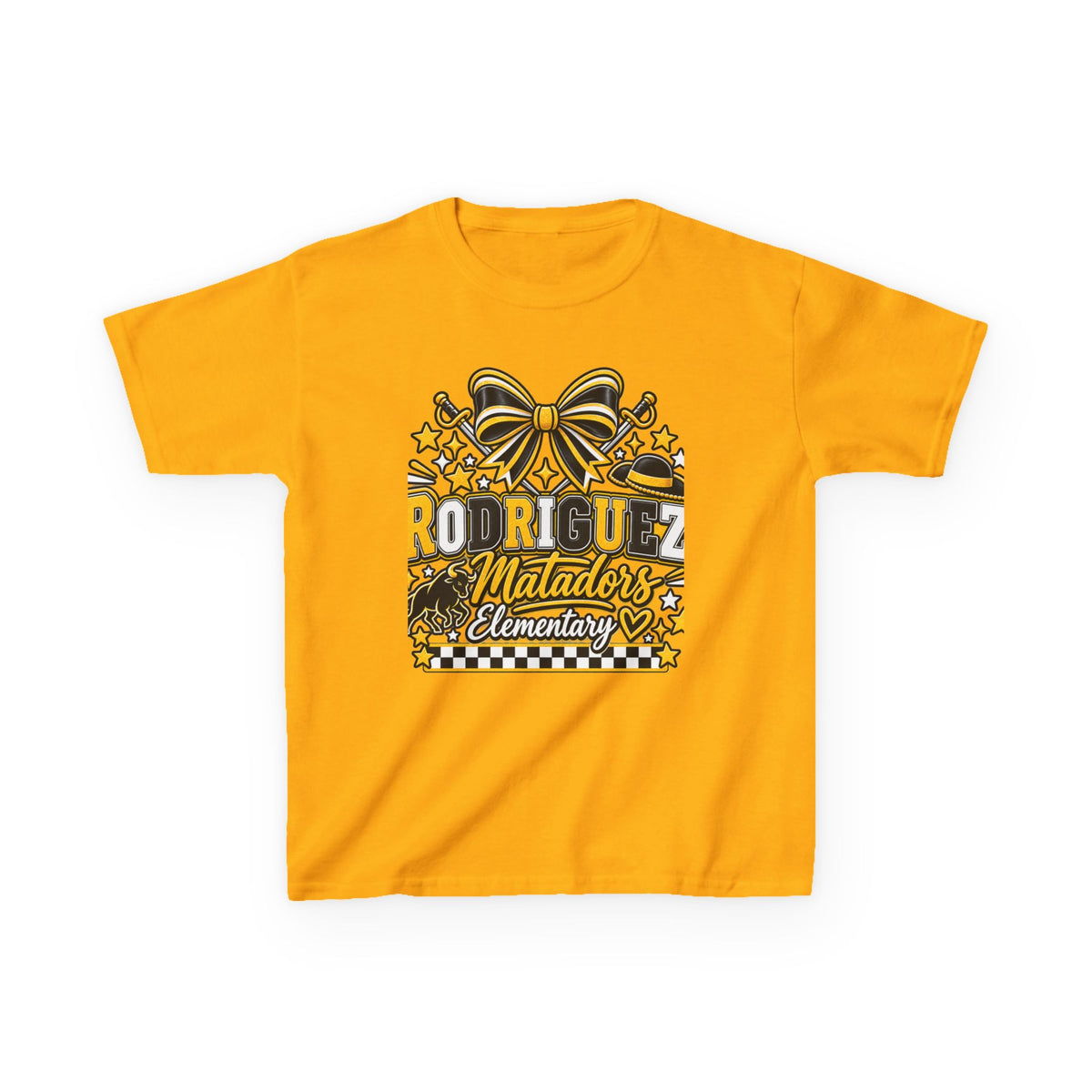 Rodriguez Matadors Elementary Kids T‑Shirt — School Spirit Bow & Mascot Tee