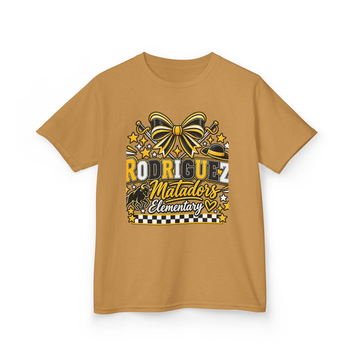 Rodriguez Matadors Elementary Kids T‑Shirt — School Spirit Bow & Mascot Tee