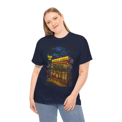 Diner Neon Night T-Shirt — Retro Rainy Cityscape Graphic Tee