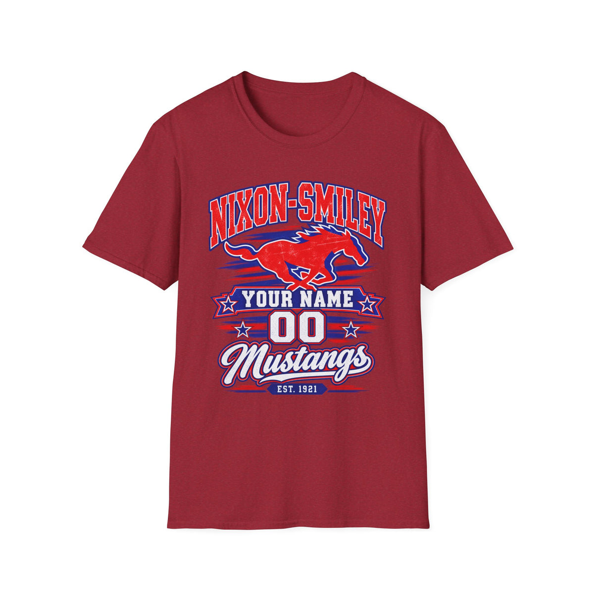 Customizable Mustang Team T-Shirt — 'Nixon-SMiley' Personalized Jersey Tee