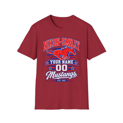Customizable Mustang Team T-Shirt — 'Nixon-SMiley' Personalized Jersey Tee
