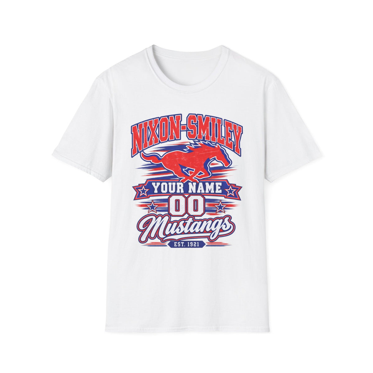 Customizable Mustang Team T-Shirt — 'Nixon-SMiley' Personalized Jersey Tee