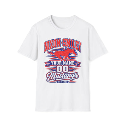 Customizable Mustang Team T-Shirt — 'Nixon-SMiley' Personalized Jersey Tee