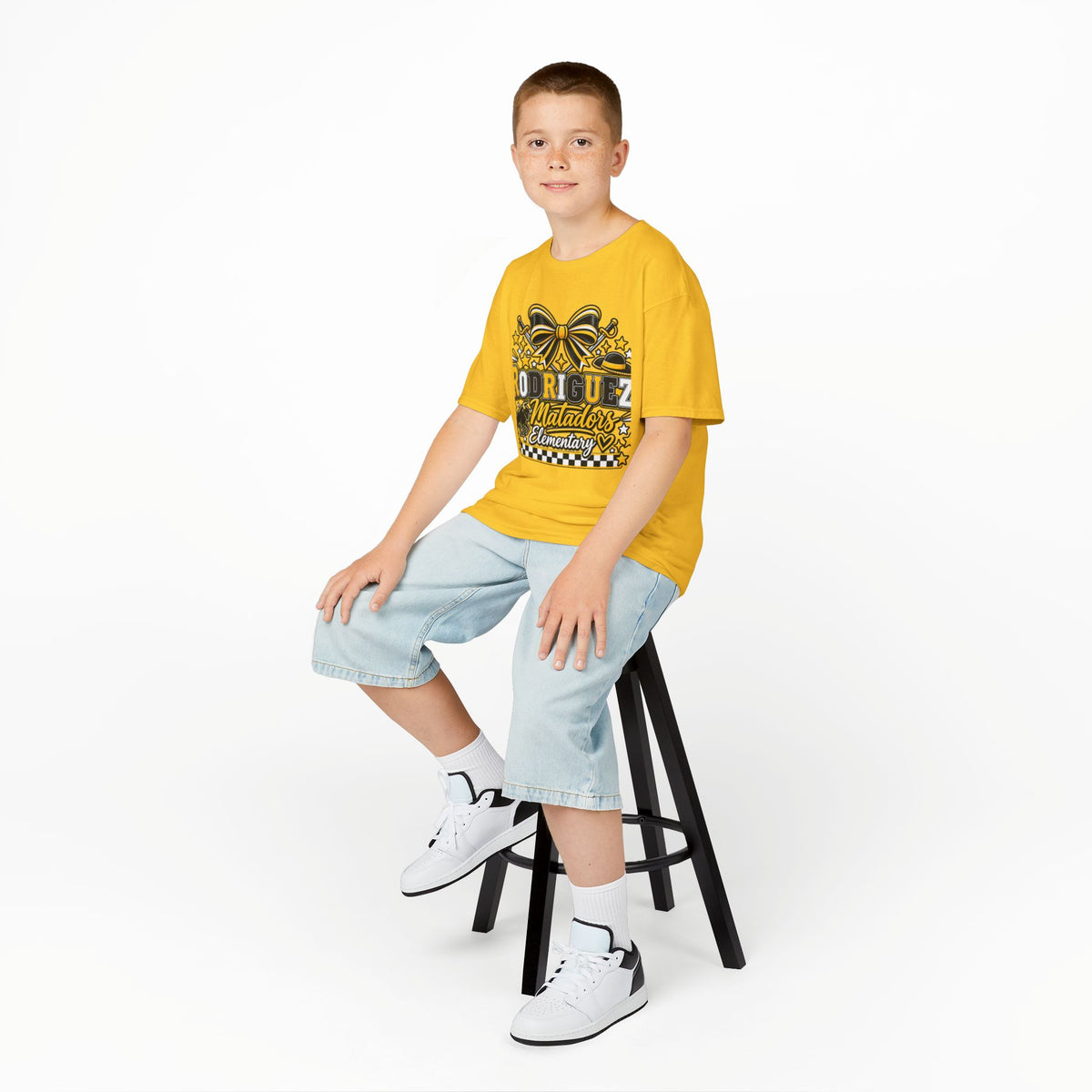 Rodriguez Matadors Elementary Kids T‑Shirt — School Spirit Bow & Mascot Tee