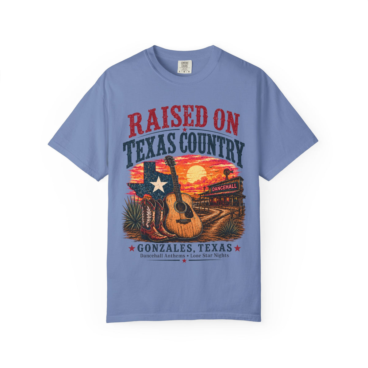 Raised on Texas Country T-Shirt — Gonzales TX Vintage Guitar Sunset Tee