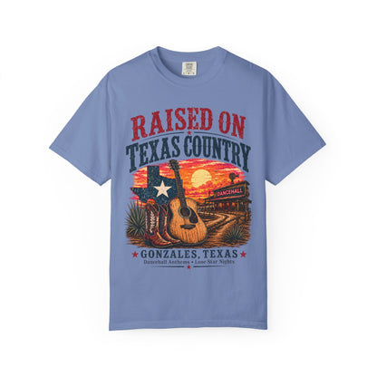 Raised on Texas Country T-Shirt — Gonzales TX Vintage Guitar Sunset Tee