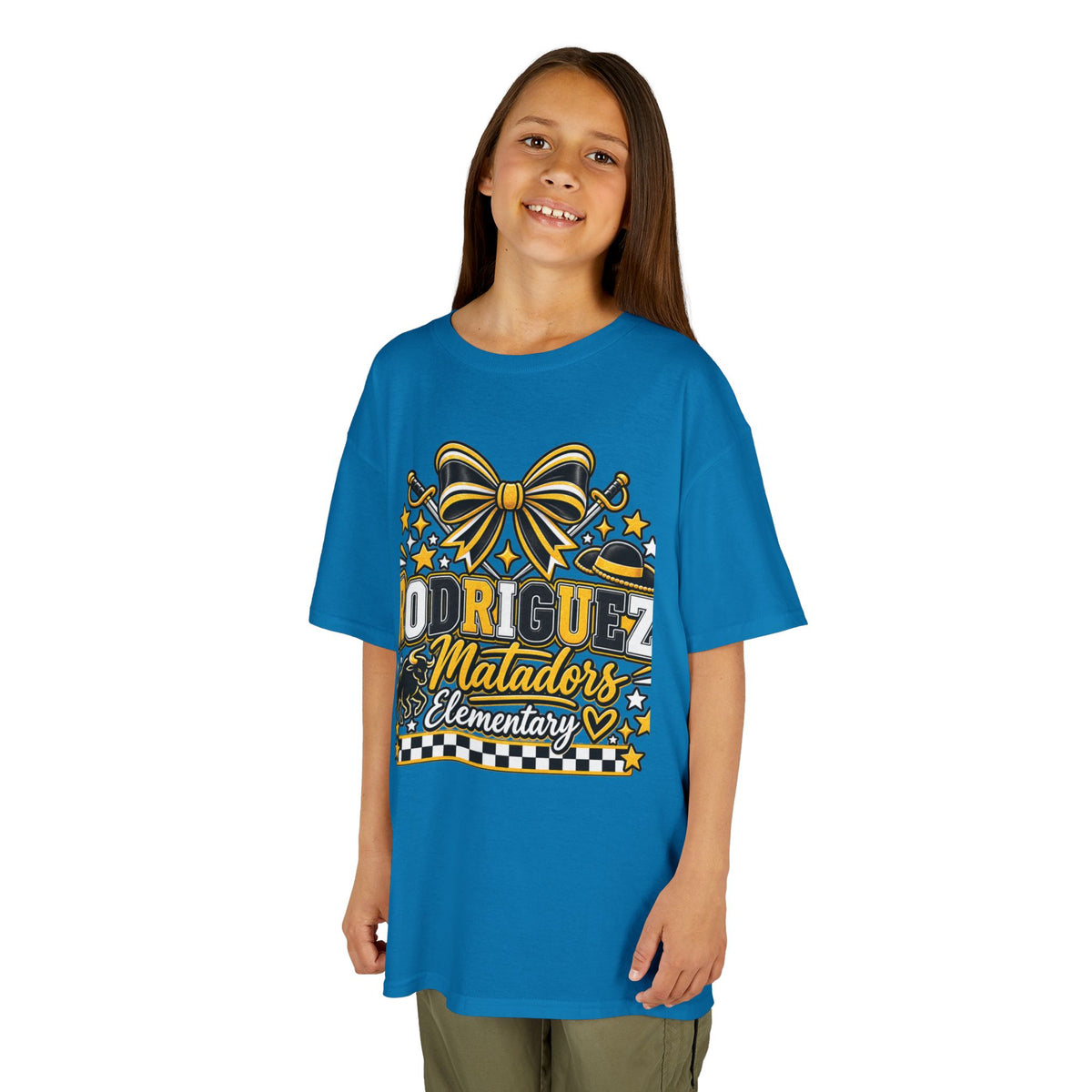 Rodriguez Matadors Elementary Kids T‑Shirt — School Spirit Bow & Mascot Tee