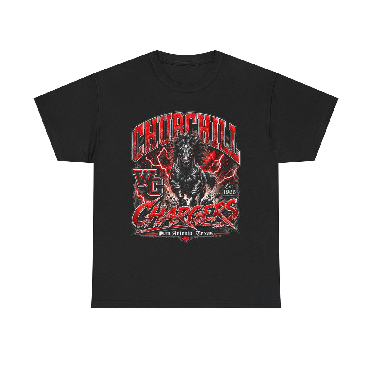 Churchill Chargers Mascot T‑Shirt — Vintage Black Stallion School Team Tee