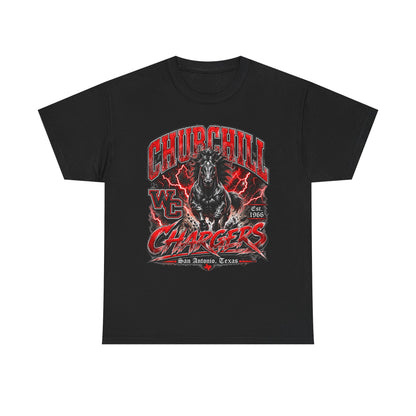 Churchill Chargers Mascot T‑Shirt — Vintage Black Stallion School Team Tee