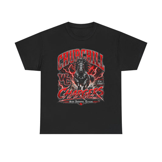 Churchill Chargers Mascot T‑Shirt — Vintage Black Stallion School Team Tee